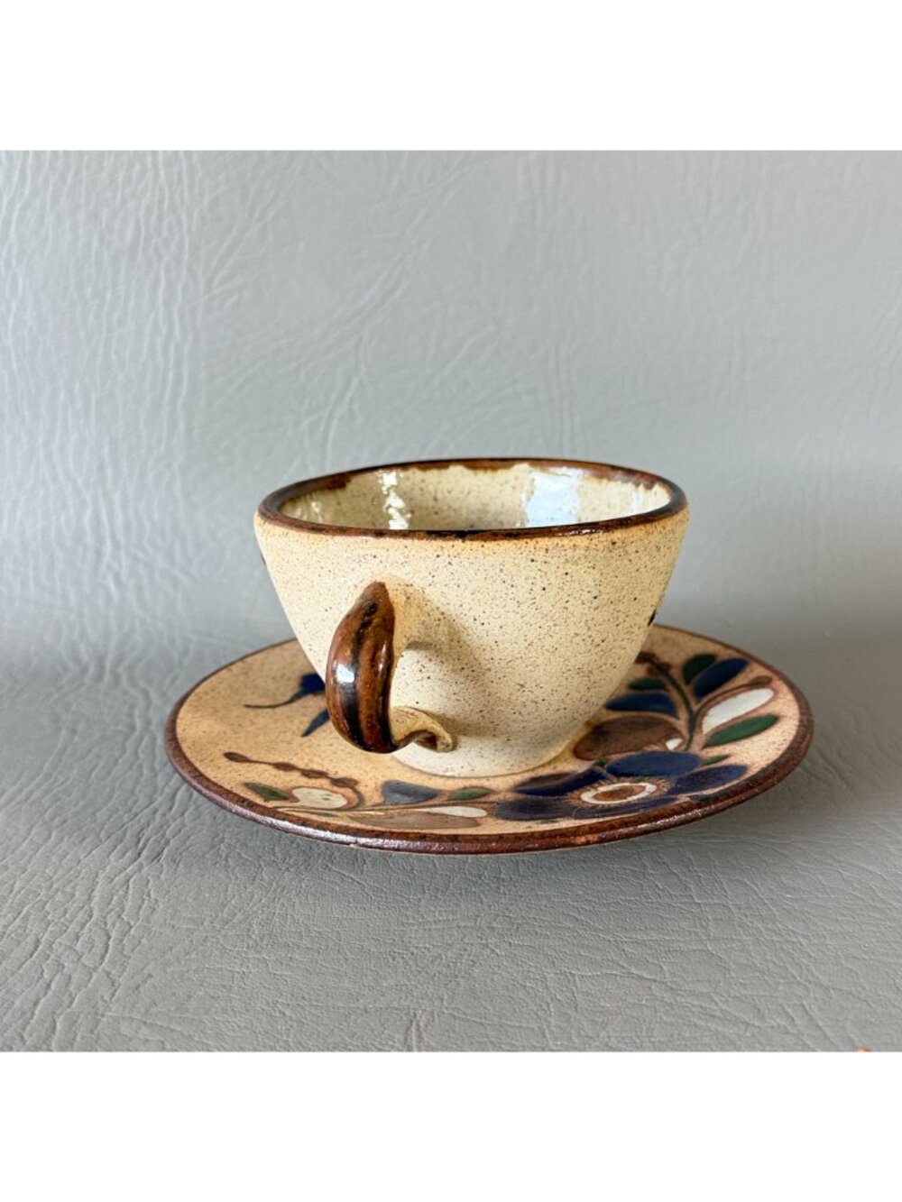Vintage Tonala Mexico Studio Pottery Cup Saucer Set Signed Blue Butterfly 6" - Picture 6 of 14